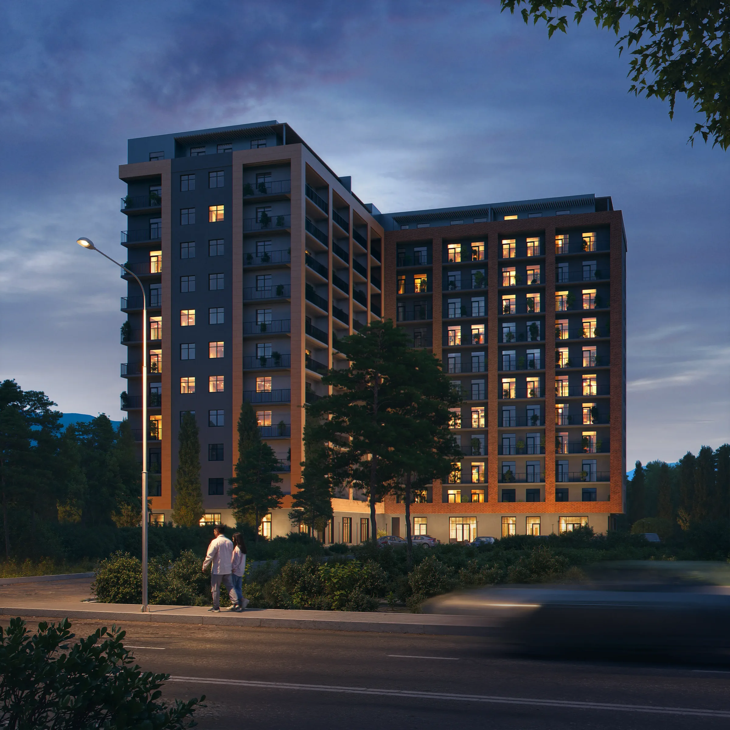 Sachkhere Green View — კორპუსები საღამოს, ანთებული ფანჯრებით